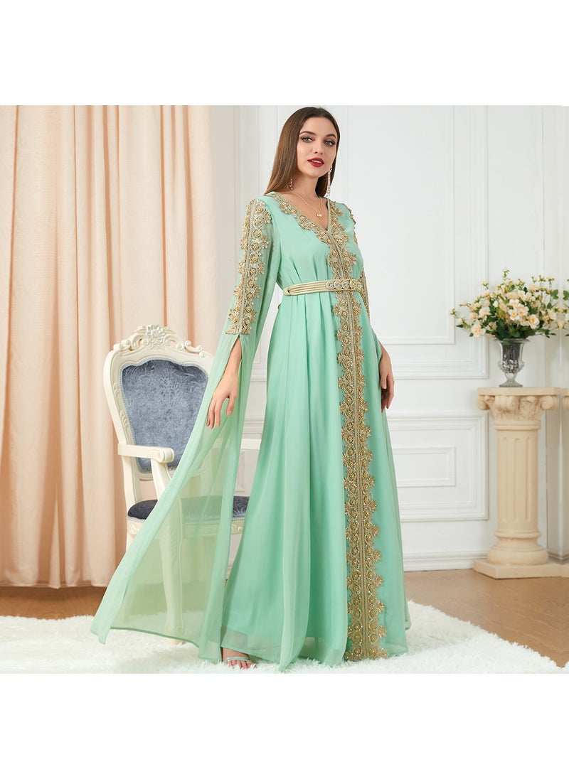 Elegant Patchwork Maxi Dress Abaya Fall light blue