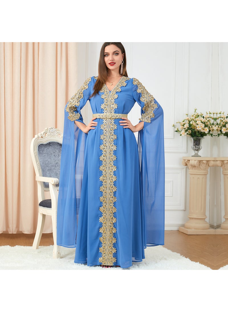 Elegant Patchwork Maxi Dress Abaya Fall light blue