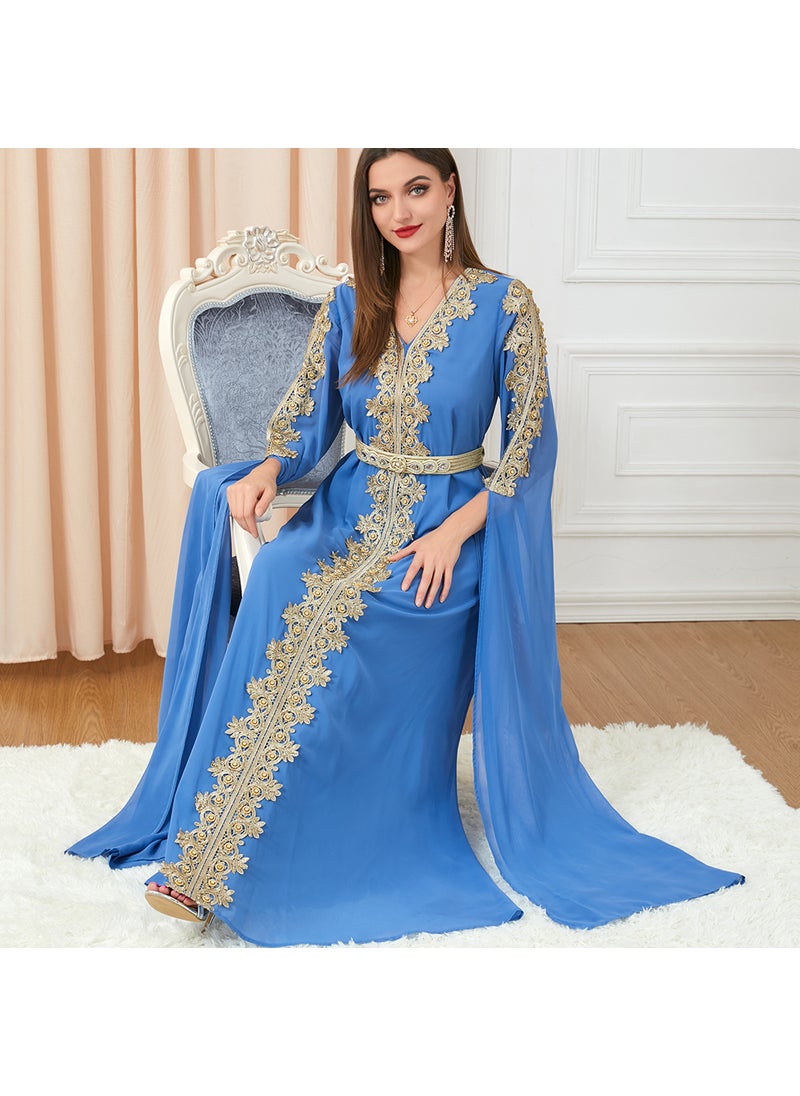 Elegant Patchwork Maxi Dress Abaya Fall royal blue