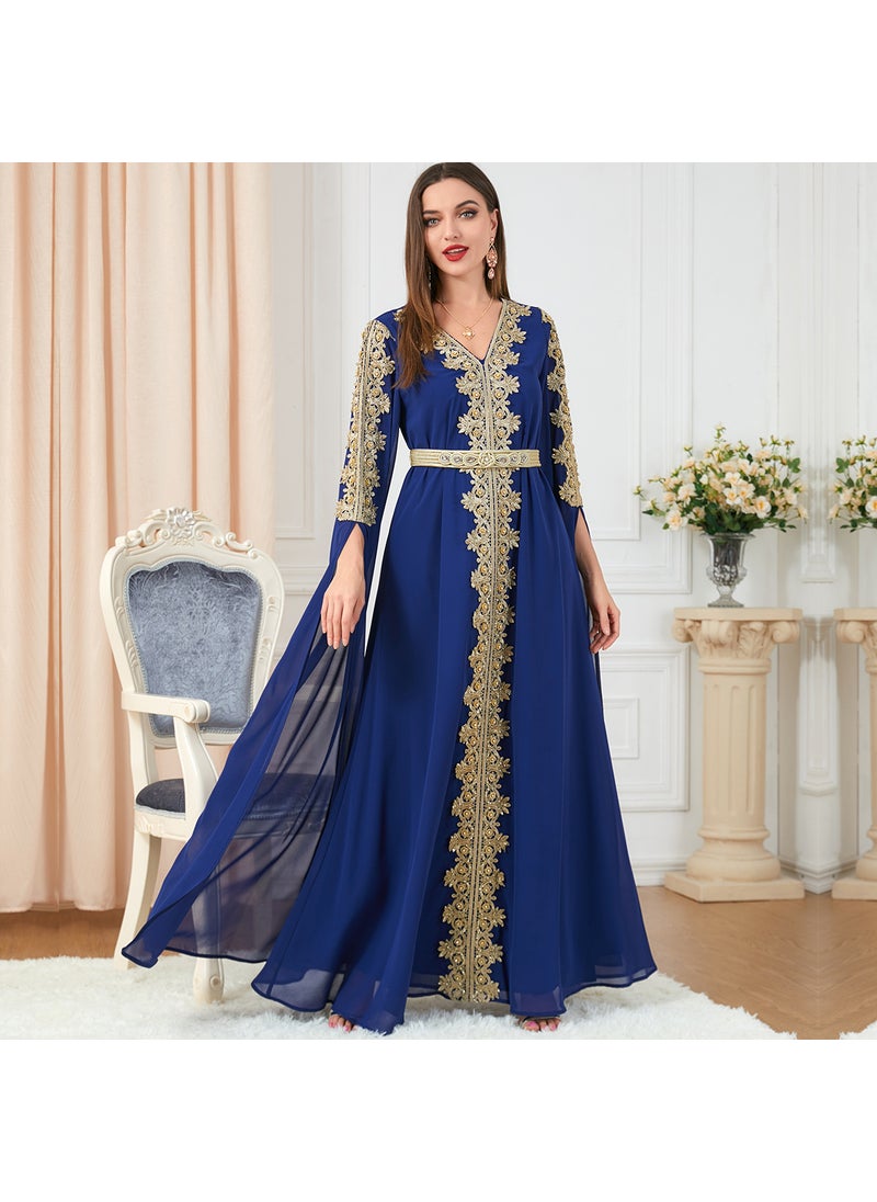 Elegant Patchwork Maxi Dress Abaya Fall royal blue