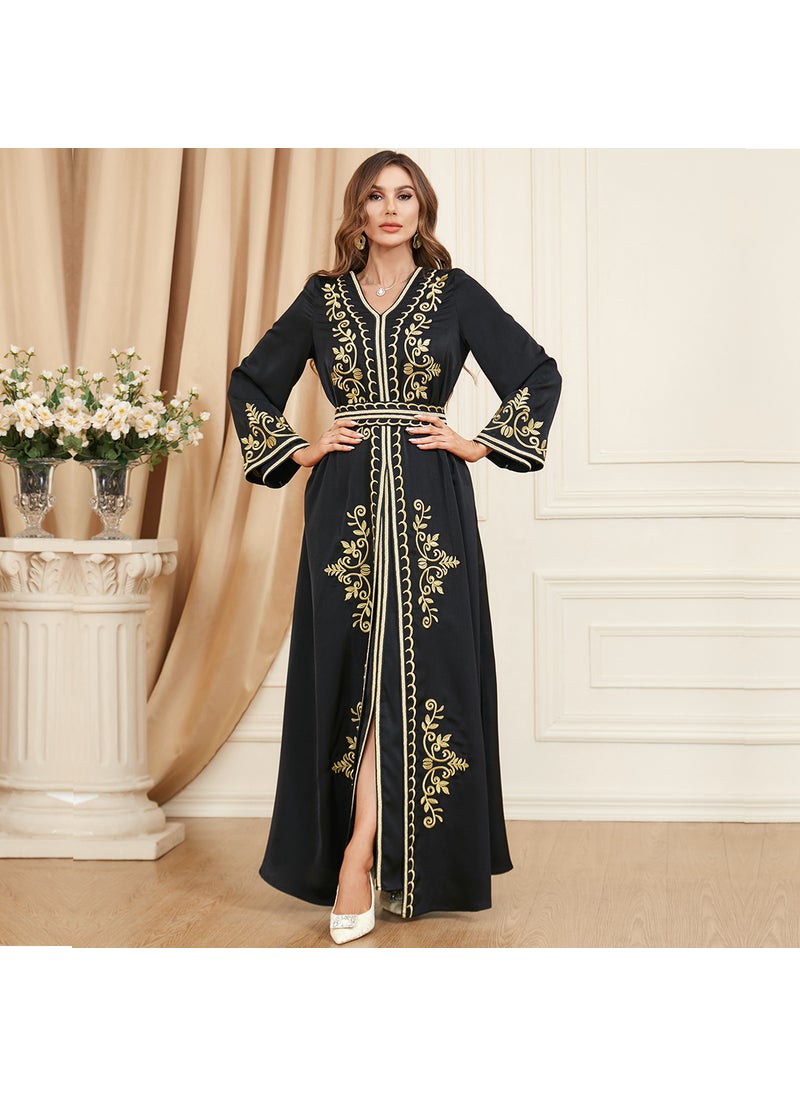 3346 muslim suit long skirt split long sleeve autumn and winter womens wear embroidered clothes two-piece set dress Light blue