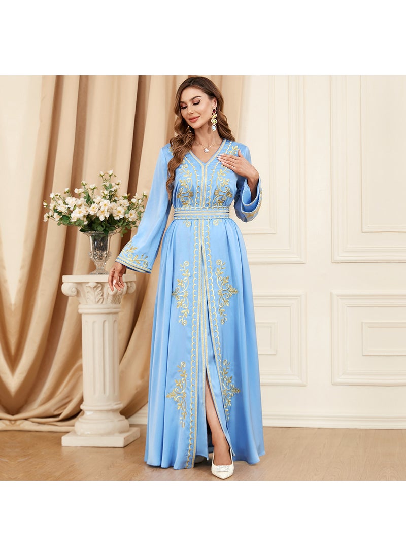 3346 muslim suit long skirt split long sleeve autumn and winter womens wear embroidered clothes two-piece set dress Light blue