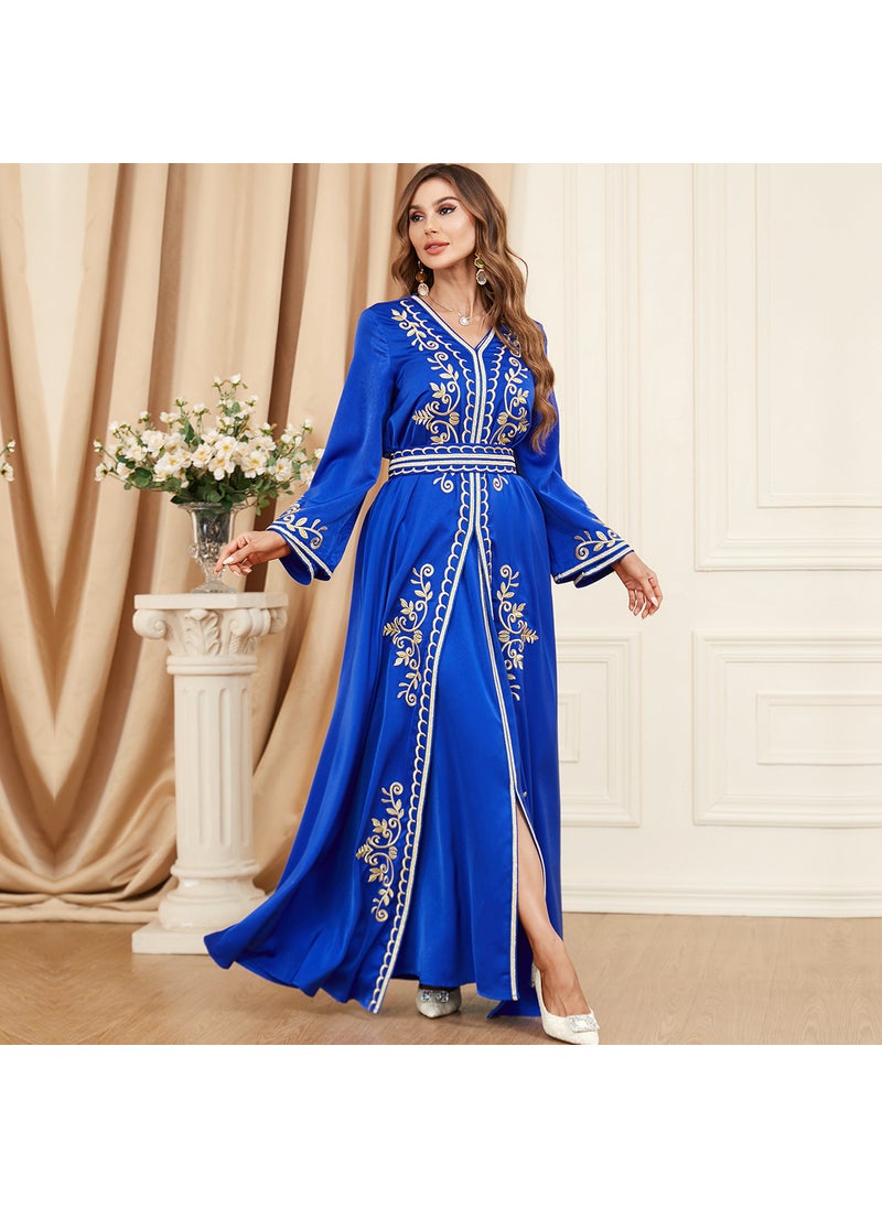 3346 muslim suit long skirt split long sleeve autumn and winter womens wear embroidered clothes two-piece set dress Light blue