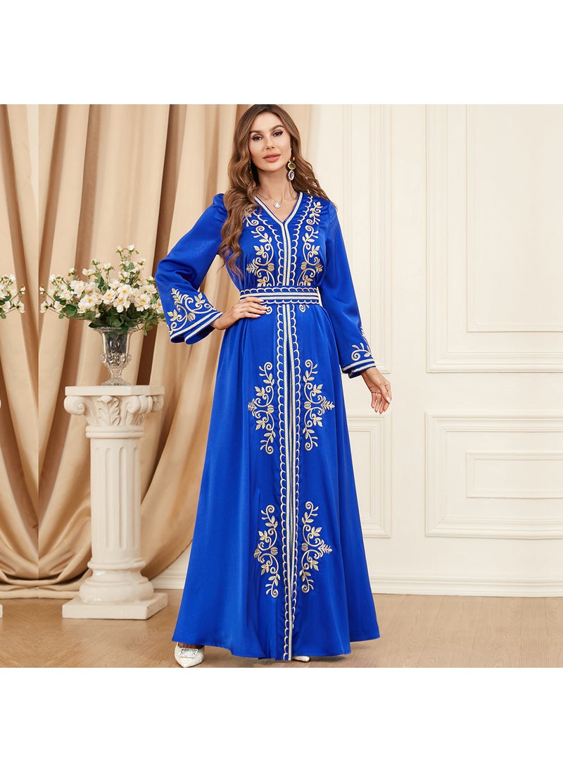 3346 muslim suit long skirt split long sleeve autumn and winter womens wear embroidered clothes two-piece set dress Light blue