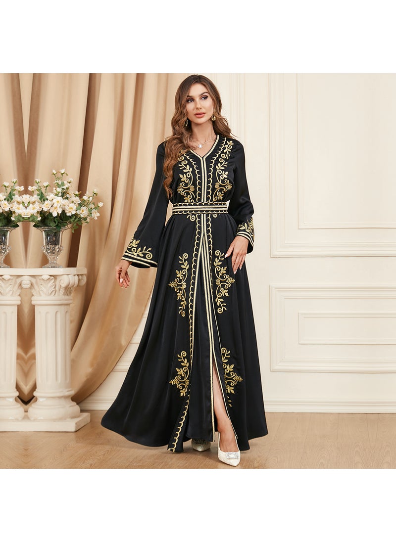 3346 muslim suit long skirt split long sleeve autumn and winter womens wear embroidered clothes two-piece set dress Light blue