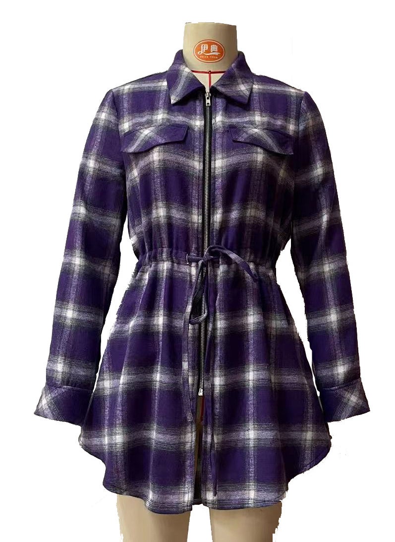 2021SHEINi cross-border Womens Mid-length shirt European and American womens plaid zipper waist womens long-sleeved shirt Purple