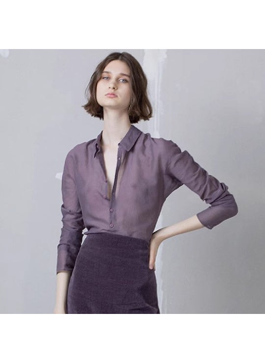 Elegant Collar Dyed Cotton Shirt for Women Purple thin cotton shirt