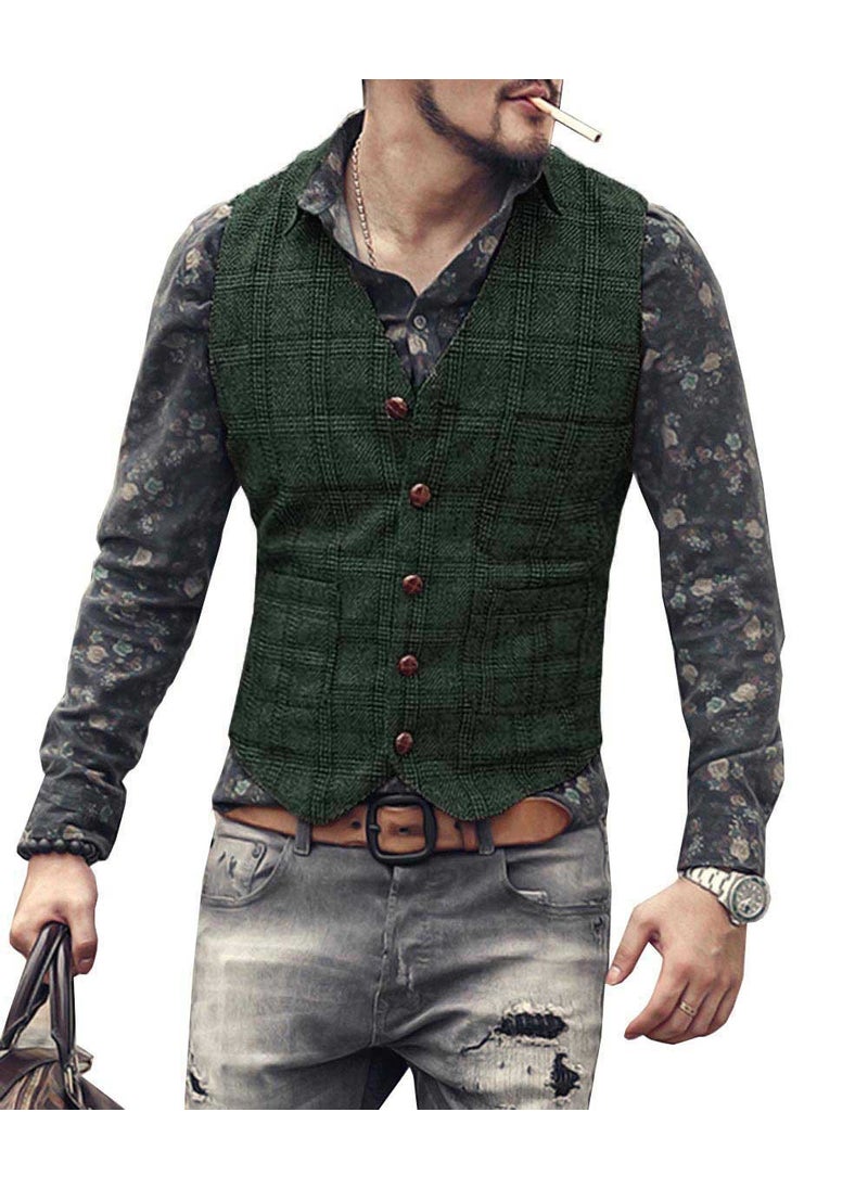 Mens Plaid Suit Vest Slim Wedding Waistcoat Navy blue