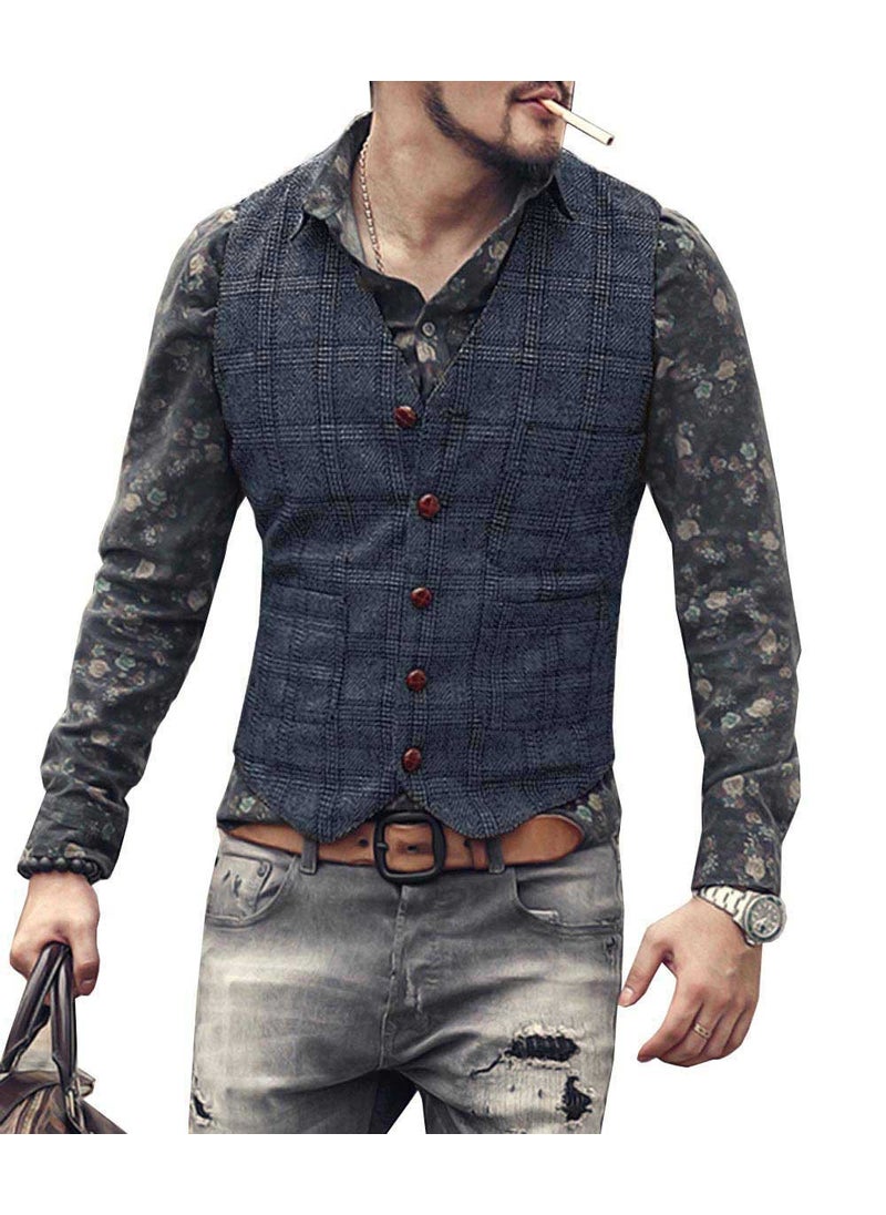 Mens Plaid Suit Vest Slim Wedding Waistcoat Navy blue