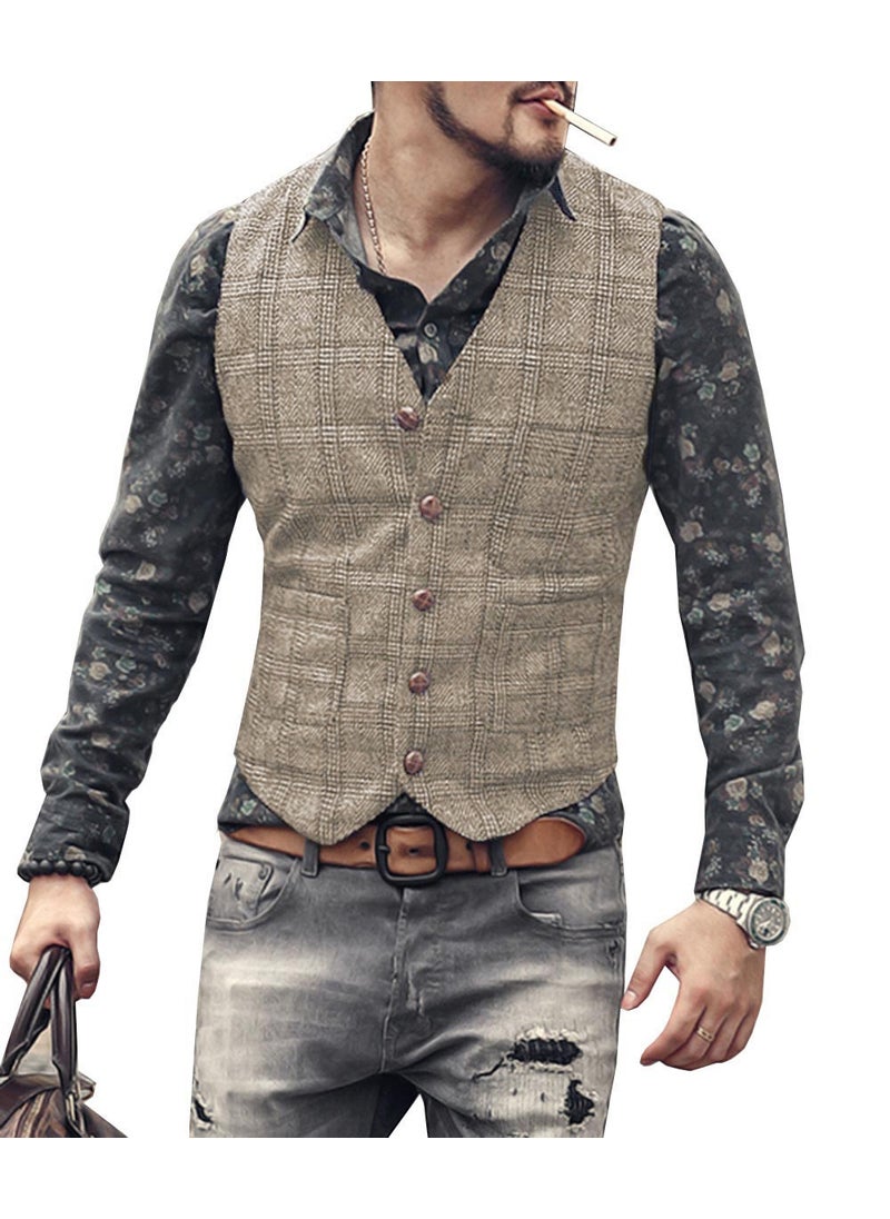 Mens Plaid Suit Vest Slim Wedding Waistcoat Green