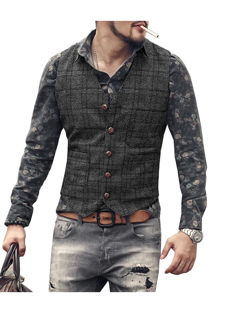 Mens Plaid Suit Vest Slim Wedding Waistcoat Green