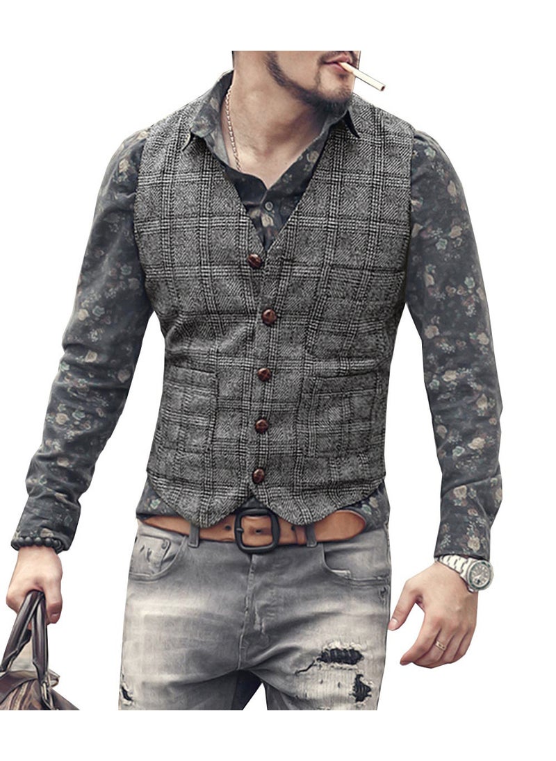 Mens Plaid Suit Vest Slim Wedding Waistcoat Grey