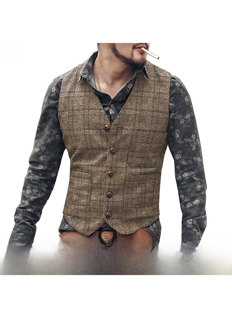 Mens Plaid Suit Vest Slim Wedding Waistcoat Grey