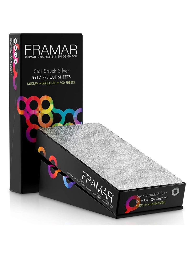 Framar 5x12 Star Struck Silver Embossed Pre Cut Aluminum Foil Sheets, Hair Foils For Highlighting - 500 Foil Sheets