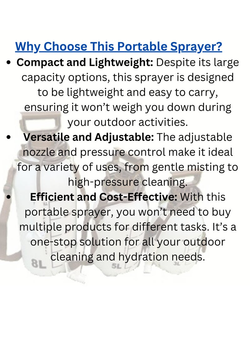 Portable Garden & Camping Water Sprayer – Hand Pump Pressure Sprayer with Adjustable Nozzle, Available in 3L/5L/8L Capacity, Shoulder Strap & Ergonomic Handle for Outdoor Cleaning, Plant Watering, and Car Washing