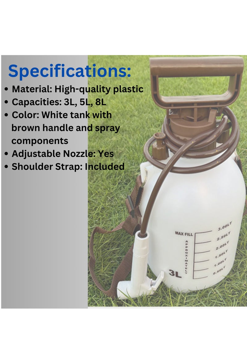 Portable Garden & Camping Water Sprayer – Hand Pump Pressure Sprayer with Adjustable Nozzle, Available in 3L/5L/8L Capacity, Shoulder Strap & Ergonomic Handle for Outdoor Cleaning, Plant Watering, and Car Washing