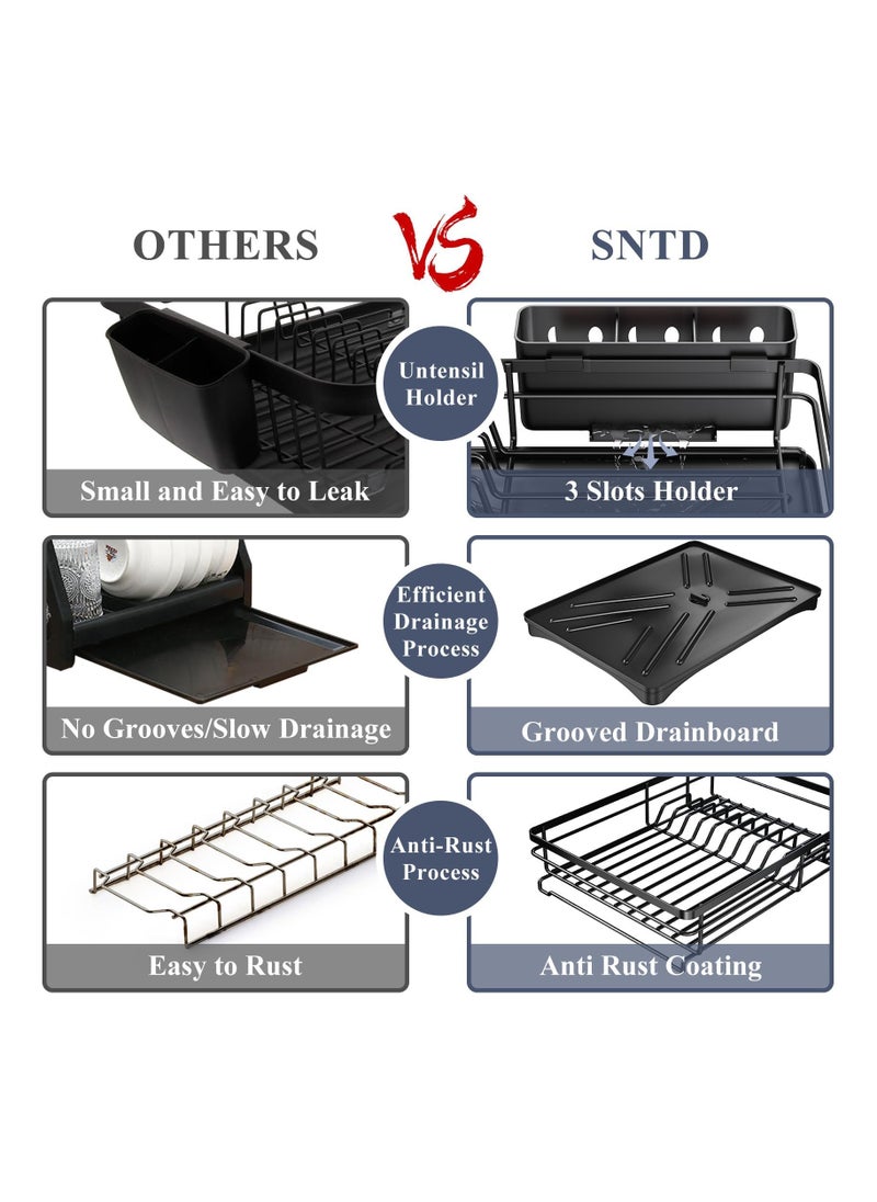 Dish Drying Rack, Extendable Dish Rack for Kitchen Counter, Stainless Steel Dish Strainer with Utensil Holder, Black