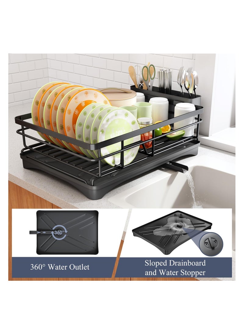 Dish Drying Rack, Extendable Dish Rack for Kitchen Counter, Stainless Steel Dish Strainer with Utensil Holder, Black