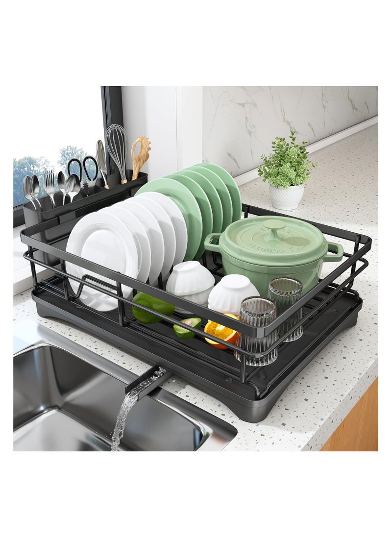 Dish Drying Rack, Extendable Dish Rack for Kitchen Counter, Stainless Steel Dish Strainer with Utensil Holder, Black