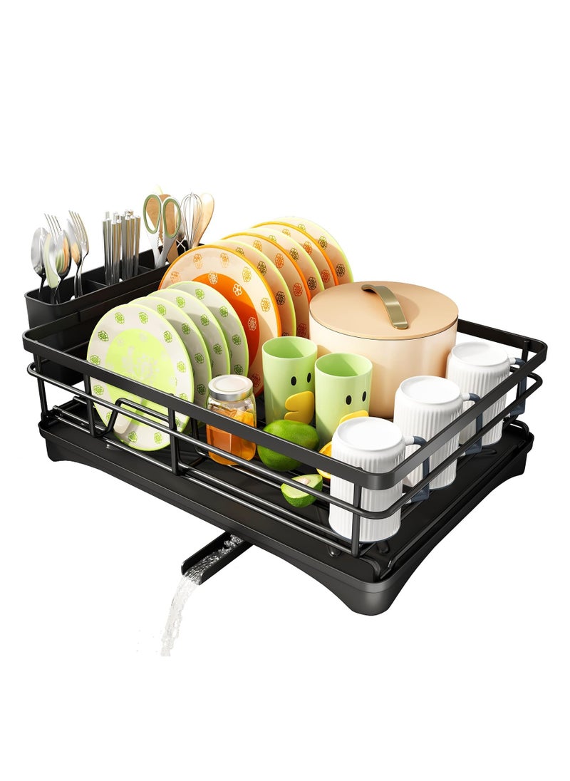 Dish Drying Rack, Extendable Dish Rack for Kitchen Counter, Stainless Steel Dish Strainer with Utensil Holder, Black