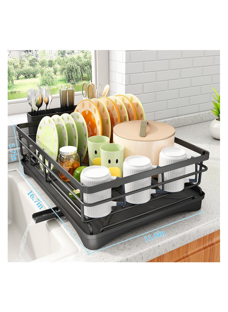 Dish Drying Rack, Extendable Dish Rack for Kitchen Counter, Stainless Steel Dish Strainer with Utensil Holder, Black