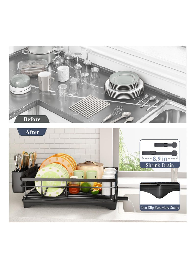 Dish Drying Rack, Extendable Dish Rack for Kitchen Counter, Stainless Steel Dish Strainer with Utensil Holder, Black