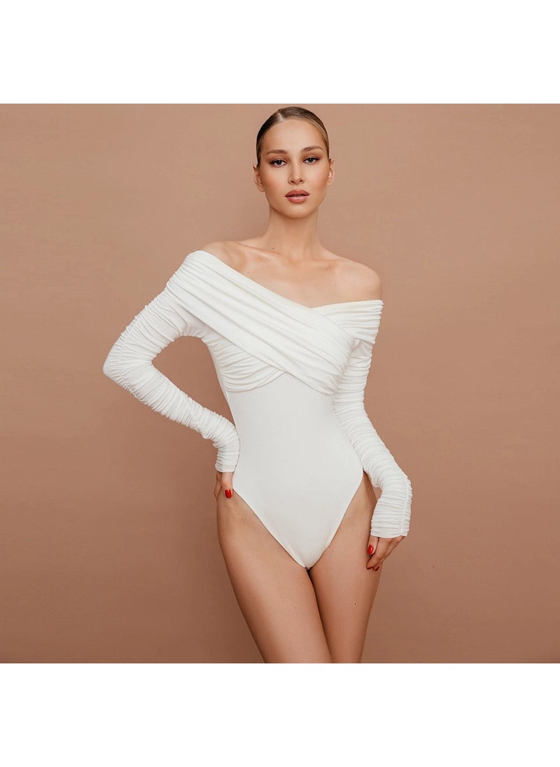 Cross-border European and American Womens New Arrival off-shoulder V-neck Pleated Long-sleeved Tight-fitting High Waist Elegant Celebrity Style One-piece Dress for Women White [spot]]