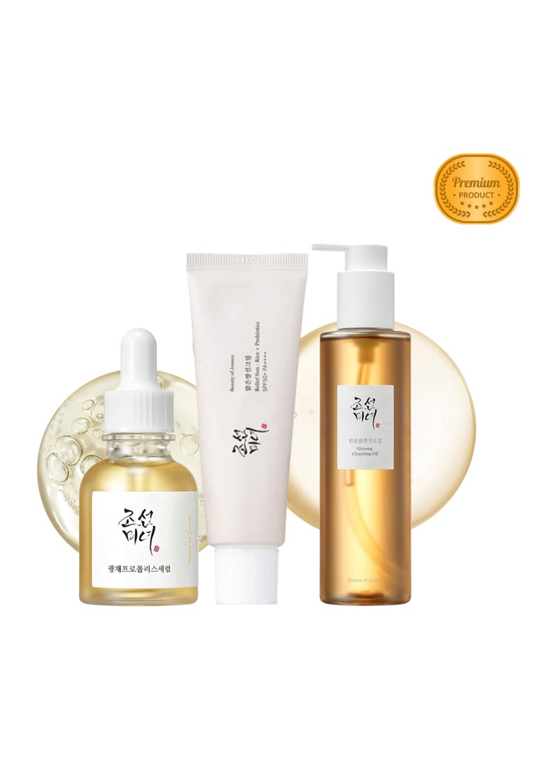 Best Seller of Beauty of Joseon - Relief Sun Rice + Probiotics, Glow Serum Propolis+Niacinamide, Ginseng Cleansing Oil, with Facial Massage Roller (50ml+30ml+210ml) 290ml