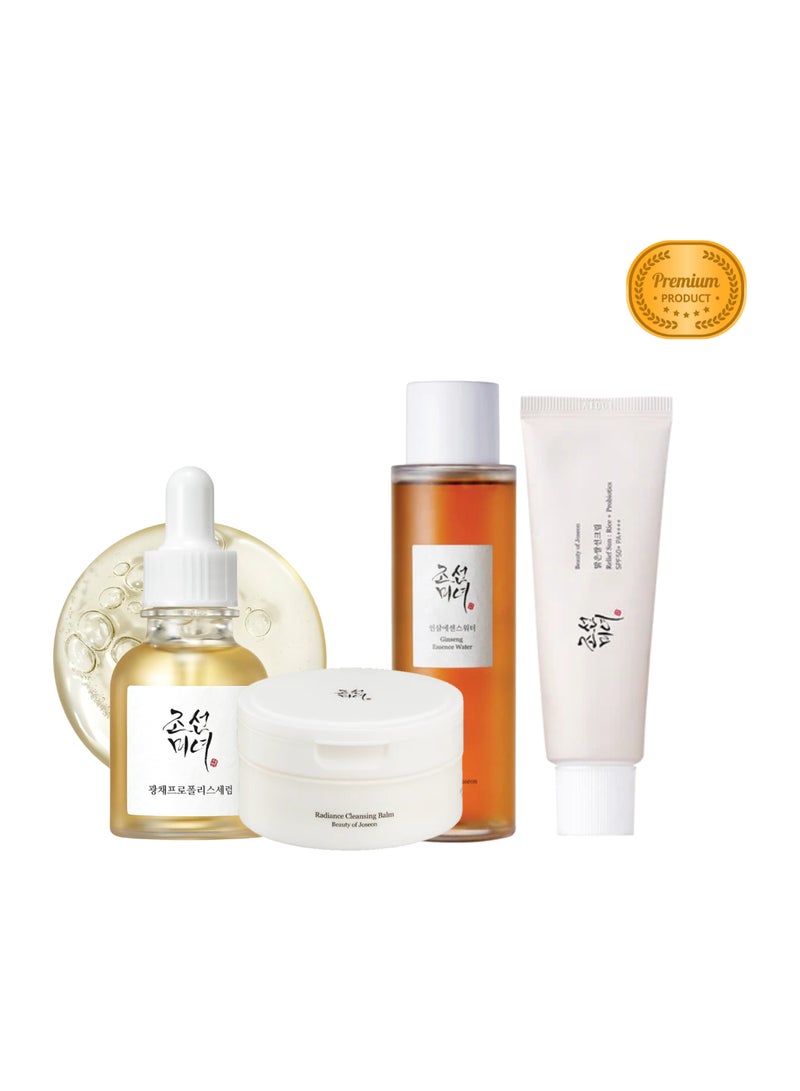 Timeless Glow: Beauty of Joseon’s Daily Routine -Relief Sun Rice + Probiotics, Glow Serum Propolis+Niacinamide, Ginseng Essence Water, Radiance Cleansing Balm, with Facial Massage Roller, (50ml+30ml+150ml+100ml) 330ml