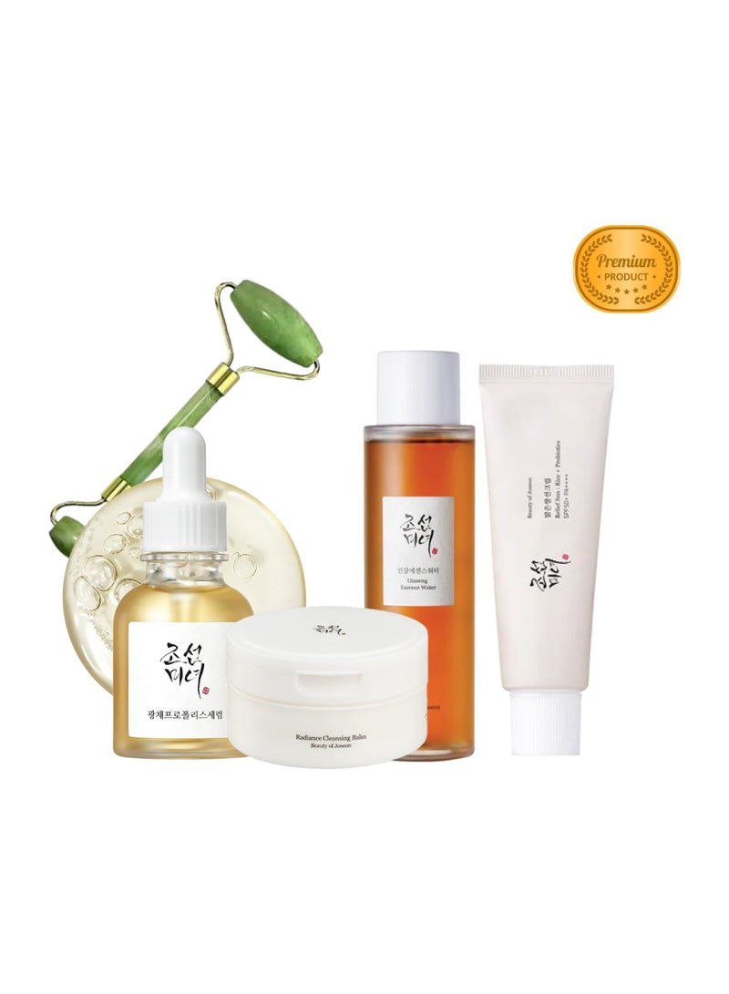 Timeless Glow: Beauty of Joseon’s Daily Routine -Relief Sun Rice + Probiotics, Glow Serum Propolis+Niacinamide, Ginseng Essence Water, Radiance Cleansing Balm, with Facial Massage Roller, (50ml+30ml+150ml+100ml) 330ml