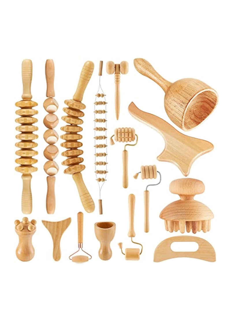 16 Pcs Wood Therapy Massage Tools Set Maderoterapia Kit Therapy Tools for Body Muscle Pain Relief Wooden Body Face Sculpting Tools Wood Roller Massager, Fascia Massage