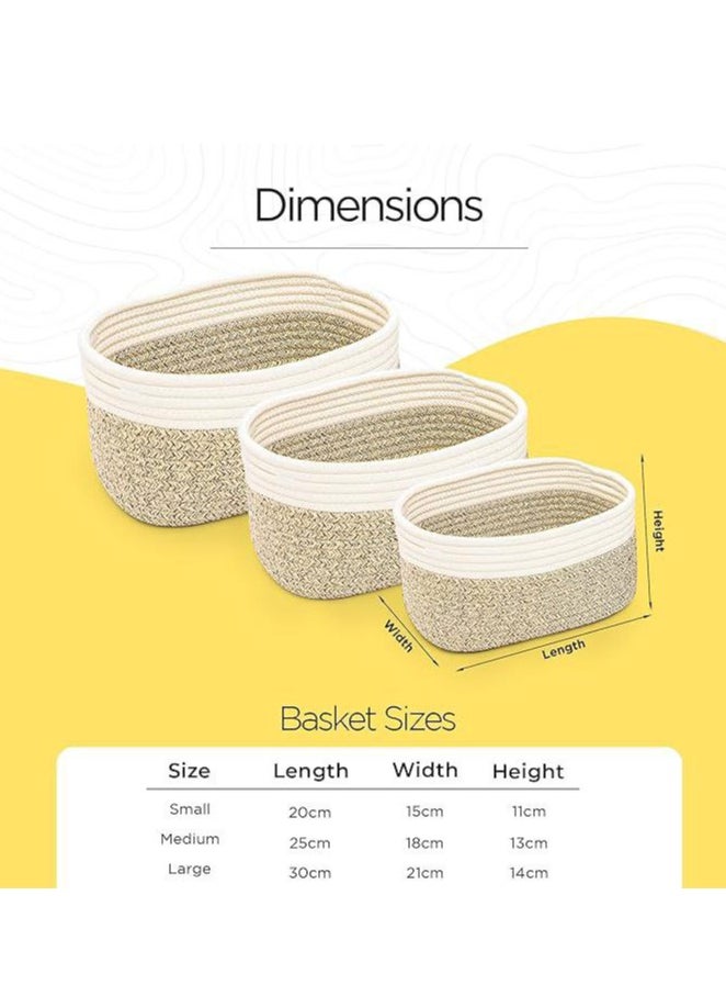 Rope Woven Storage Baskets Set of 3 ,Small Cotton Rope Basket for Shelves, Nursery Decor Organizer Bins , Bathroom Storage Basket (Brown & White)