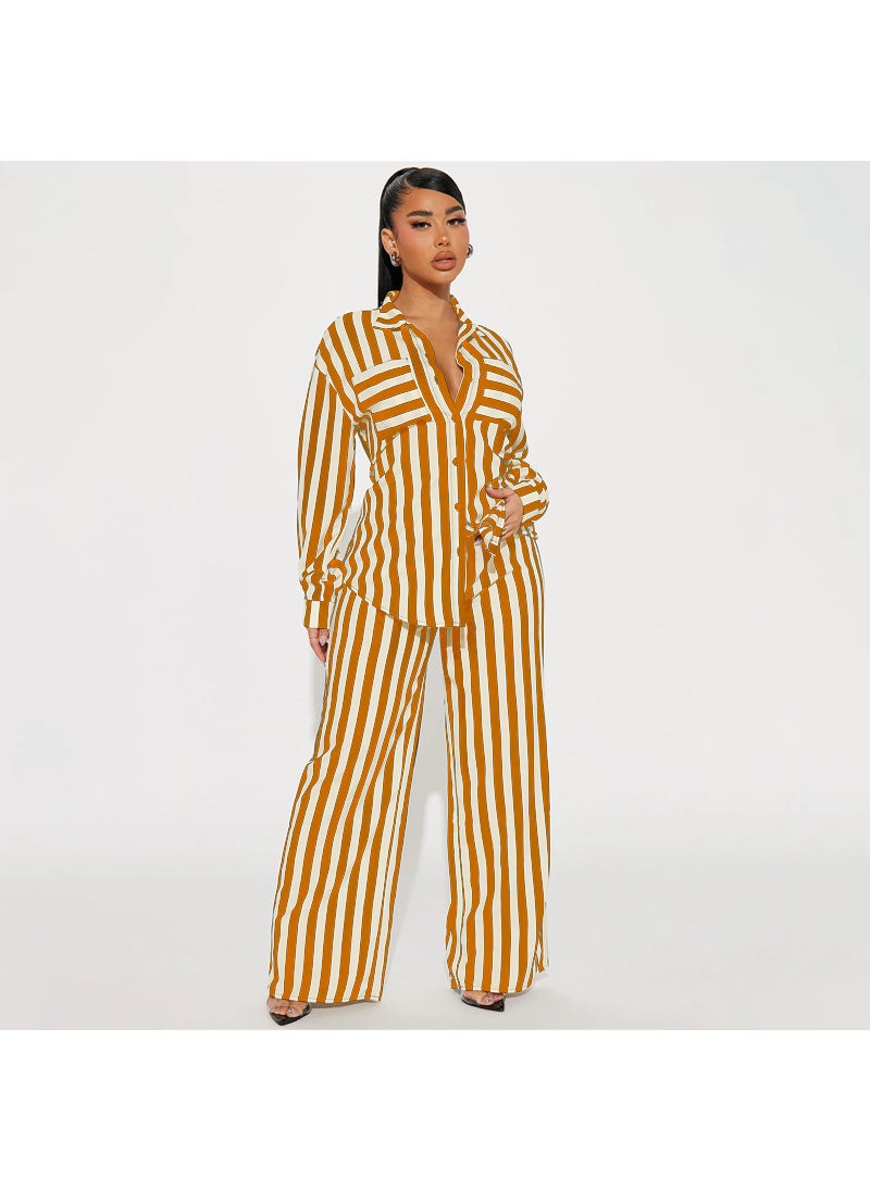 Plus Size Striped Button-Down Shirt and Pants Set Yellow