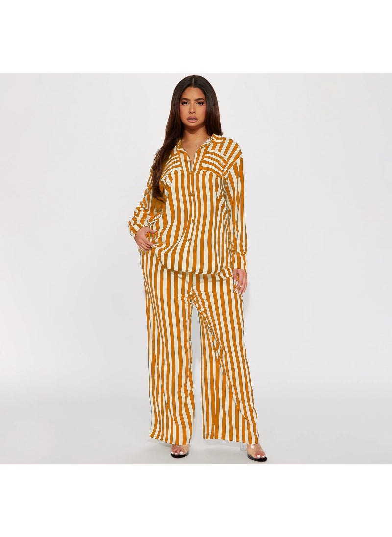 Plus Size Striped Button-Down Shirt and Pants Set Yellow