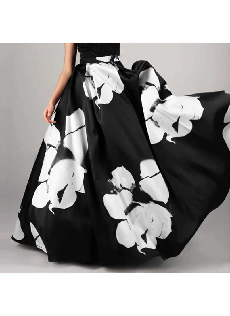 Floral Print Plus Size High-Waist Skirt Blue