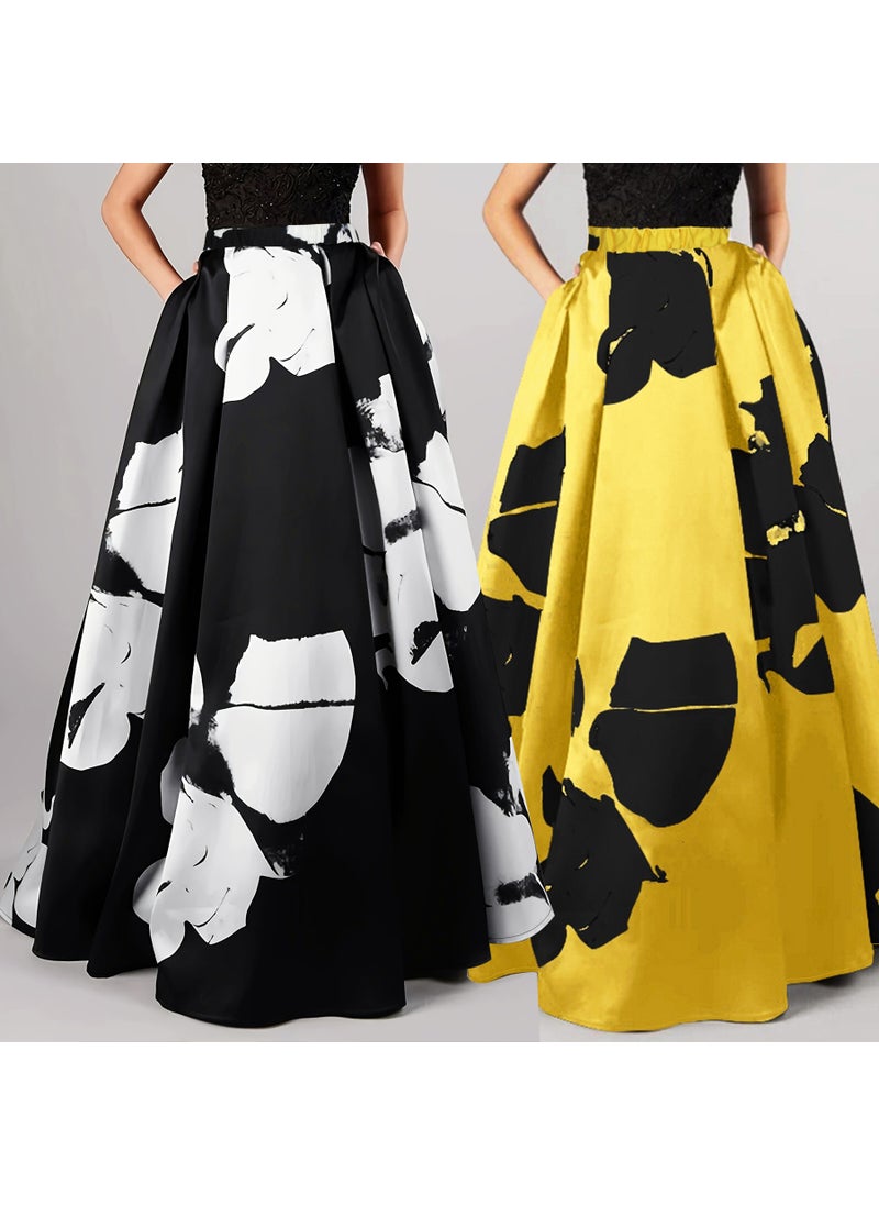 Floral Print Plus Size High-Waist Skirt Yellow