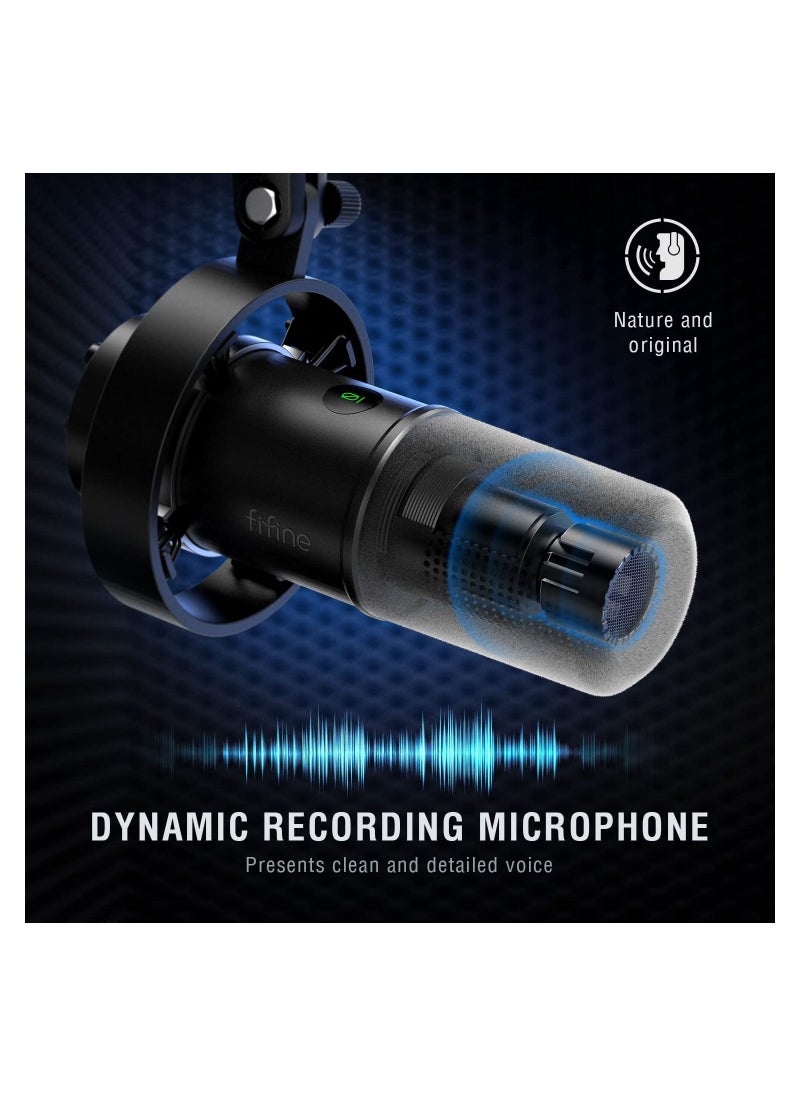 Dynamic Microphone, XLR/USB Podcast Recording PC Microphone for Vocal Streaming Voice-Over Gaming, Metal Mic with Mic Mute, Headphone Jack, Monitoring Volume Control, Windscreen-Amplitank K688