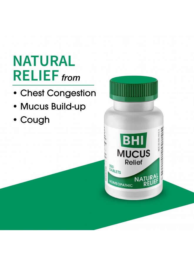 BHI Mucus Natural Chest Congestion, Cough & Mucus Relief Easy Breathing Respiratory Health Support 9 Targeted Homeopathic Active Ingredients for Discomfort & Build-Up - 100 Tablets