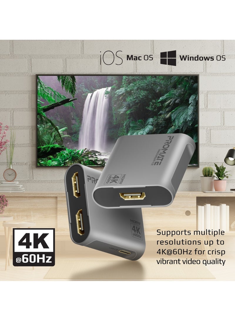 HDMI Splitter, Ultra HD 4k 60Hz 1 in, 2 out HDMI Adapter Converter with Dual HDMI Ports, Compact Travel-Friendly Design for MacBook Pro, MacBook Air, PS5, Dell, Lenovo, HP, Asus, MediaSplit-C2 Silver