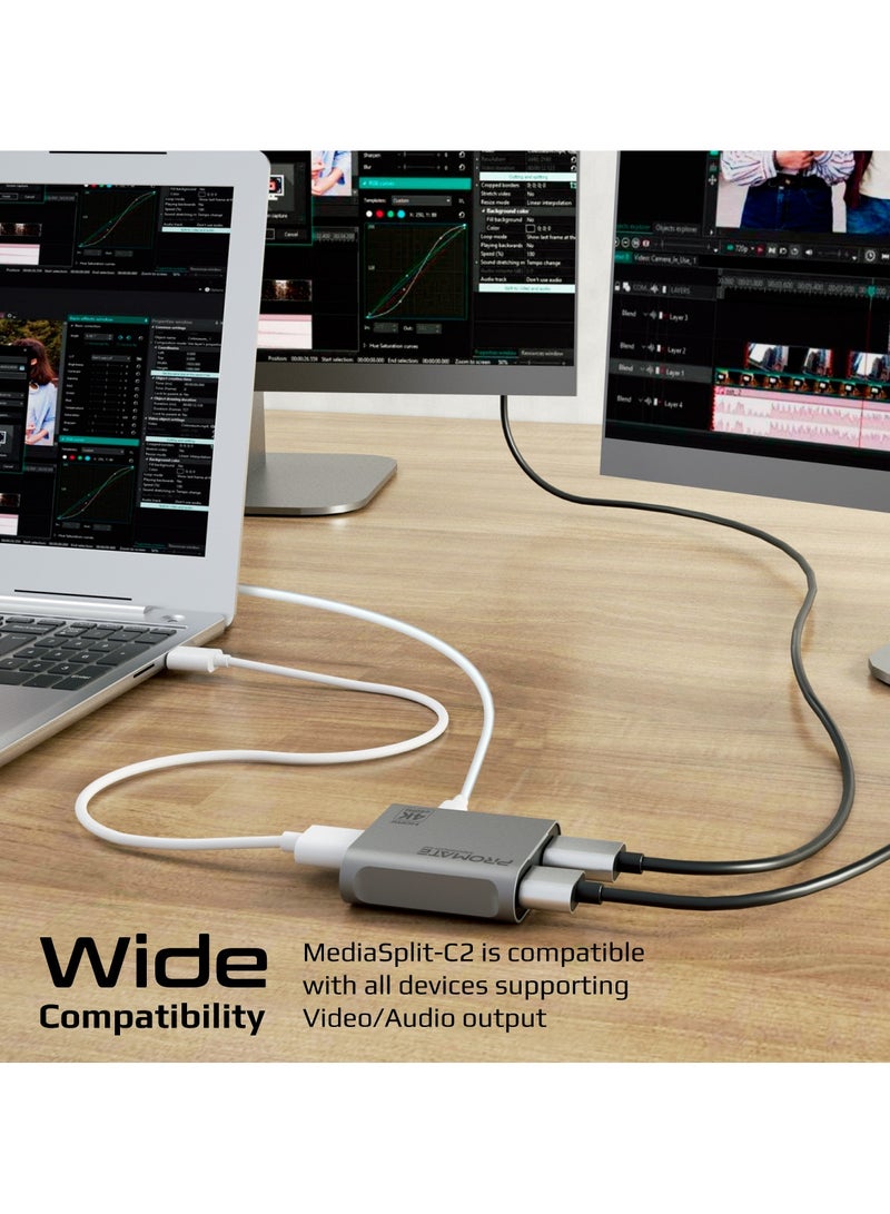 HDMI Splitter, Ultra HD 4k 60Hz 1 in, 2 out HDMI Adapter Converter with Dual HDMI Ports, Compact Travel-Friendly Design for MacBook Pro, MacBook Air, PS5, Dell, Lenovo, HP, Asus, MediaSplit-C2 Silver