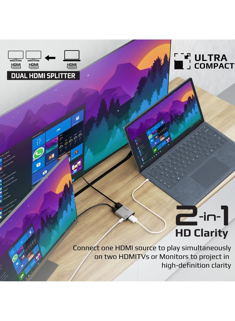 HDMI Splitter, Ultra HD 4k 60Hz 1 in, 2 out HDMI Adapter Converter with Dual HDMI Ports, Compact Travel-Friendly Design for MacBook Pro, MacBook Air, PS5, Dell, Lenovo, HP, Asus, MediaSplit-C2 Silver