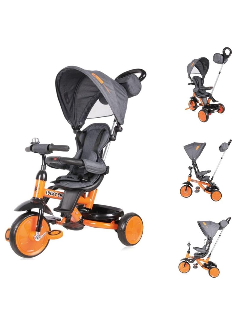 Lorelli Tricycle for Kids Lucky Crew with Push Handle and EVA Wheels, Toddlers Cycle from 10 months up to 6 years, Toddler Bike, Safety Belts, 360 Rotatable, UPF50+ Canopy, Toy Basket, Orange