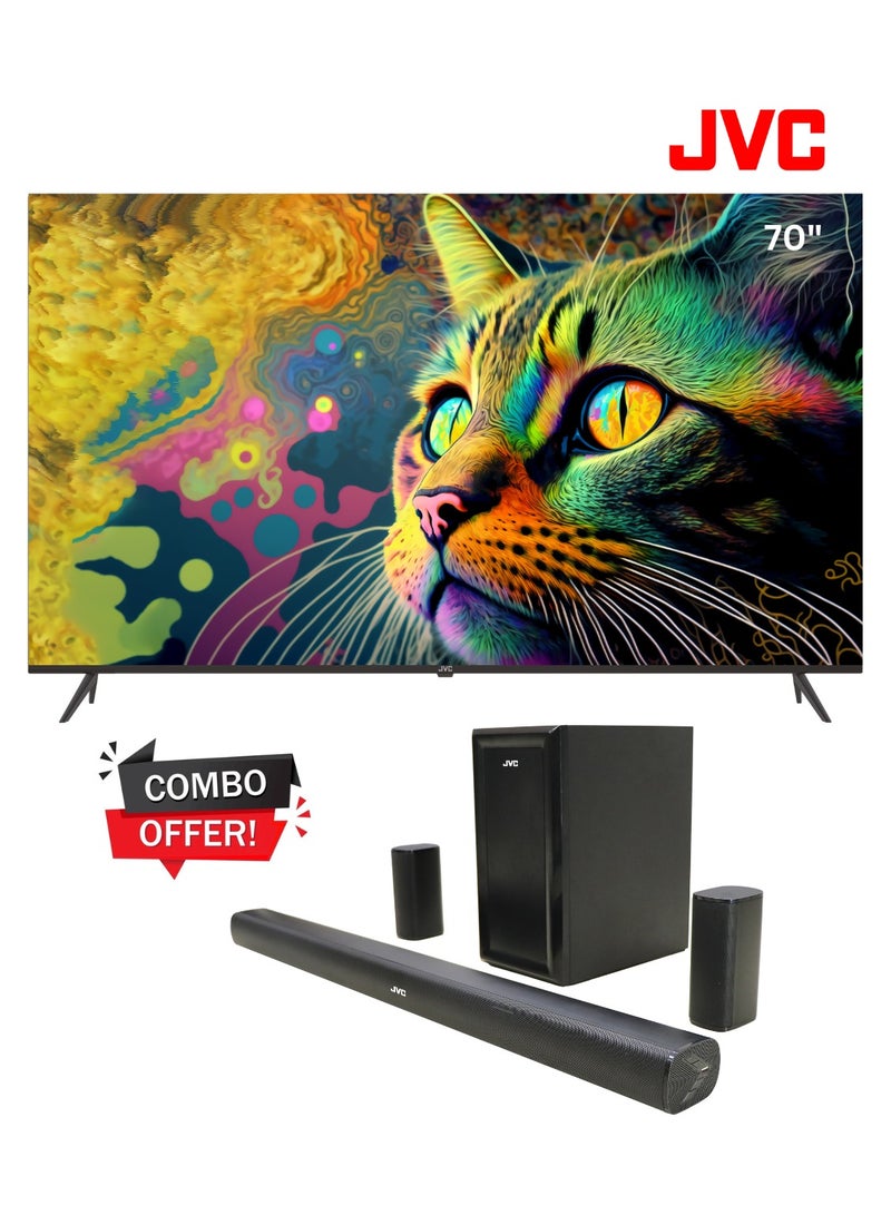 70 Inch Edgeless 4K UHD Android 14 Smart TV + 5.1 Channel Soundbar With Wireless Subwoofer Combo LT-70N7105+TH-N430B Black