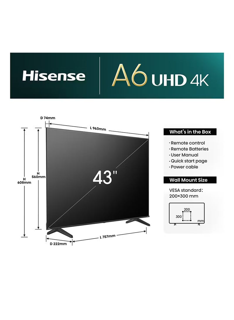 43 Inch 4K Full Smart TV 43A61N Black