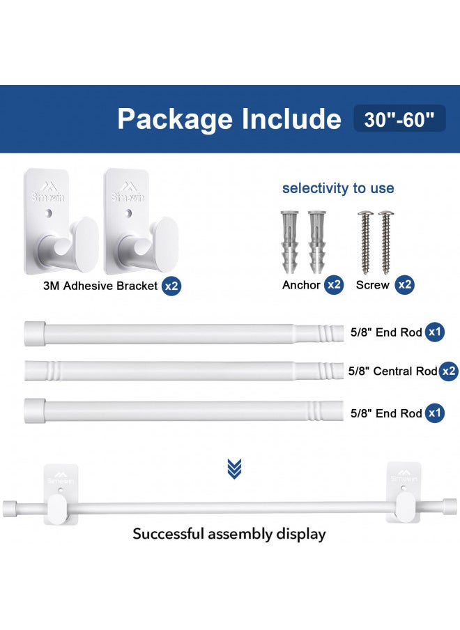 SIMEWIN Curtain Rods No Drilling for Windows 30 to 60 Inches,5/8 Inch Diameter No Drill Small Curtain Rod Set with 3M Adhesive Brackets, White