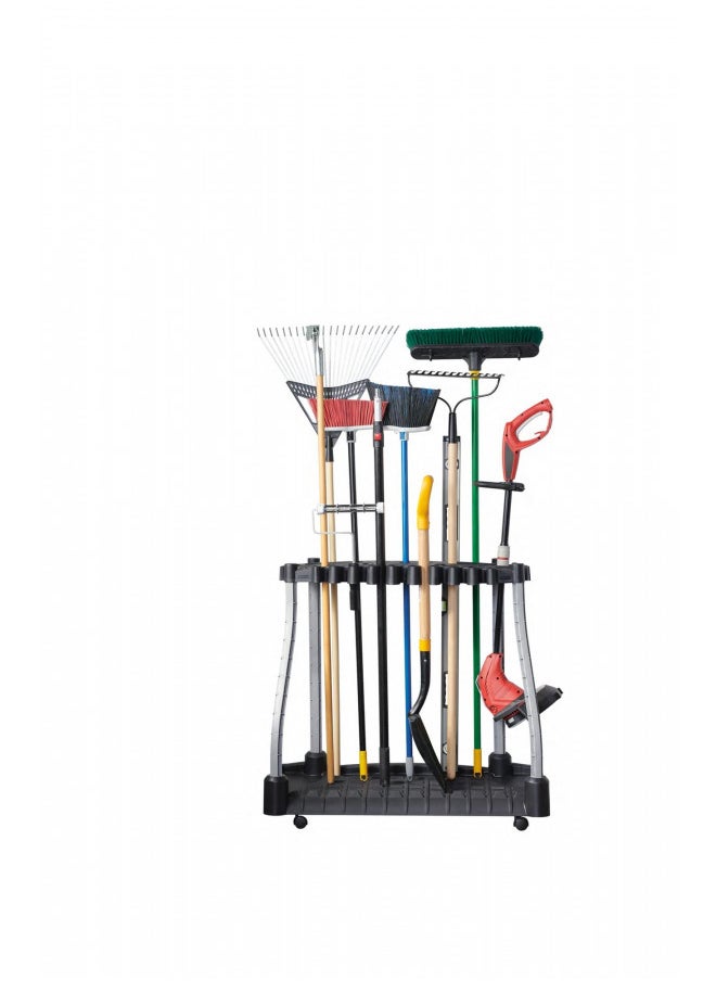 Rubbermaid Garage Tool Tower Rack, Easy to Assemble, Wheeled, Organizes up to 40 Long-Handled Tools/Rakes/ Brooms/Shovles in Home/House/Outdoor/Shed, Black