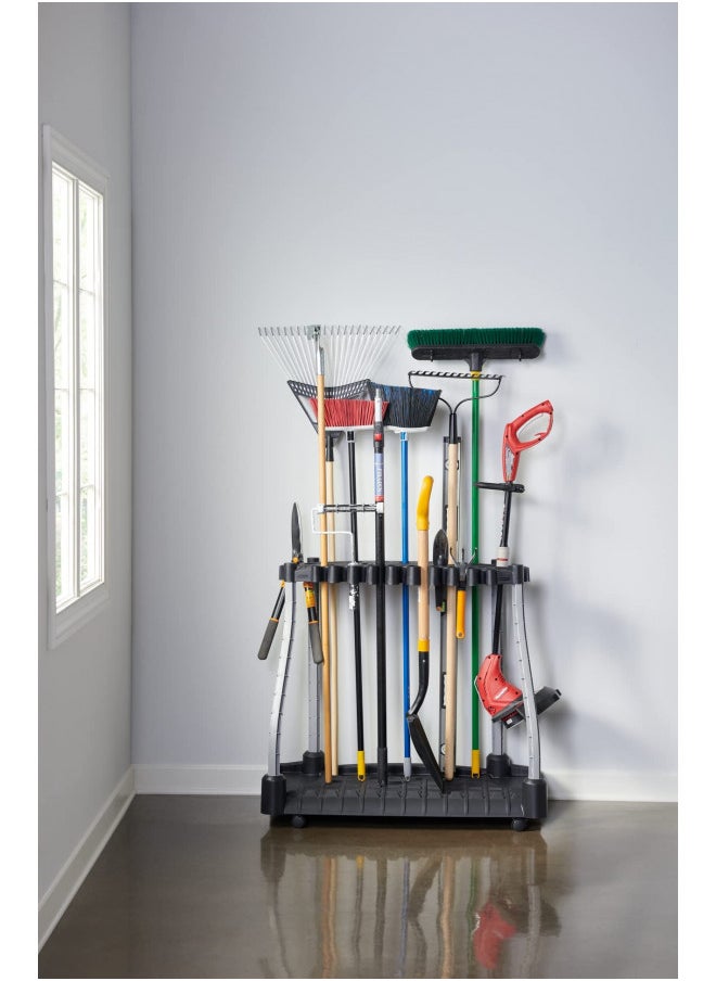 Rubbermaid Garage Tool Tower Rack, Easy to Assemble, Wheeled, Organizes up to 40 Long-Handled Tools/Rakes/ Brooms/Shovles in Home/House/Outdoor/Shed, Black