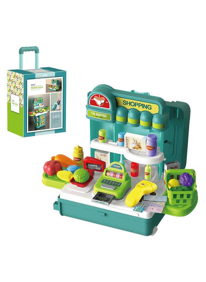 Toy Set 4 in 1 Travel Suitcase Mobile Supermarket Shop Kit Cash Register Food Fruit Vegetable 43PCS Role Play Accessories Gift for Boys Girls