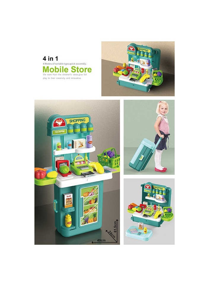 Toy Set 4 in 1 Travel Suitcase Mobile Supermarket Shop Kit Cash Register Food Fruit Vegetable 43PCS Role Play Accessories Gift for Boys Girls