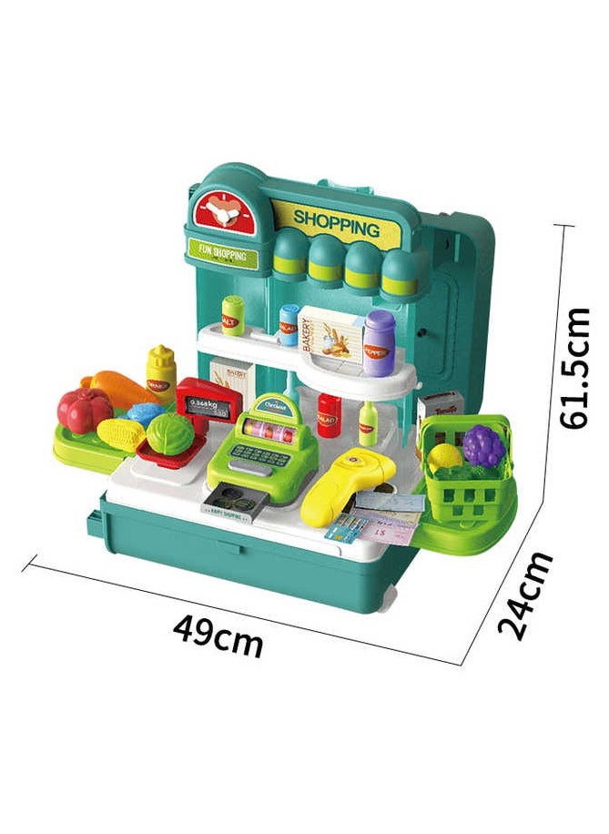 Toy Set 4 in 1 Travel Suitcase Mobile Supermarket Shop Kit Cash Register Food Fruit Vegetable 43PCS Role Play Accessories Gift for Boys Girls